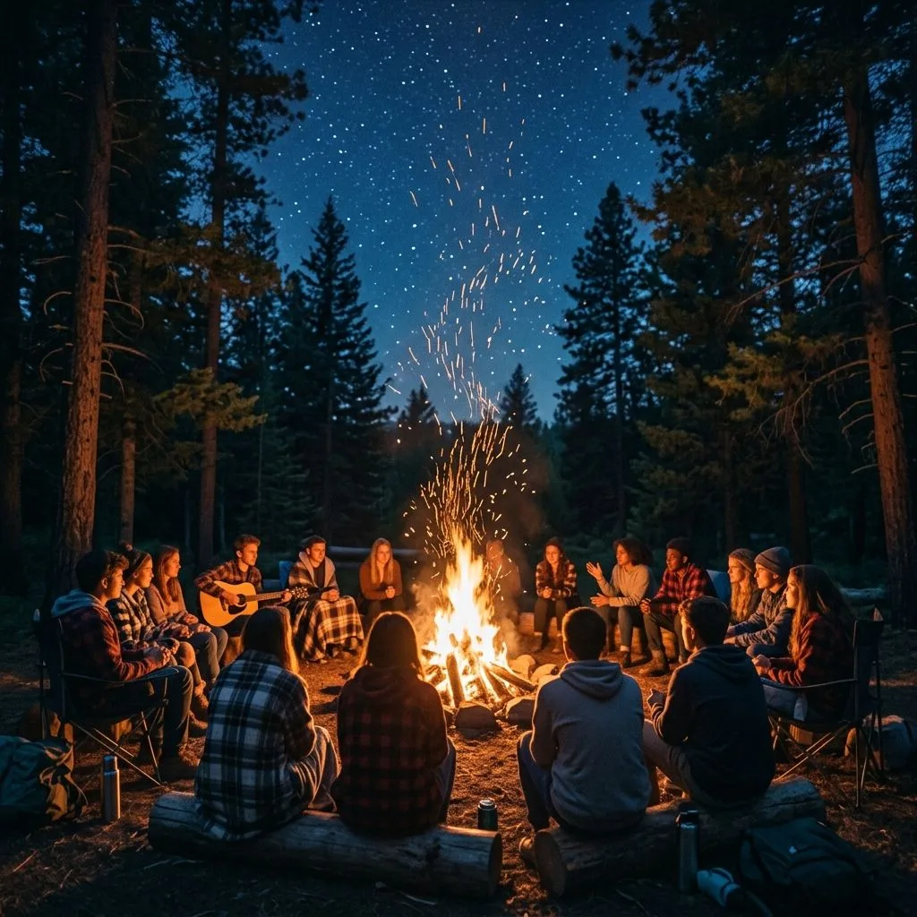 A campfire at dusk in front of a row of canvas tents