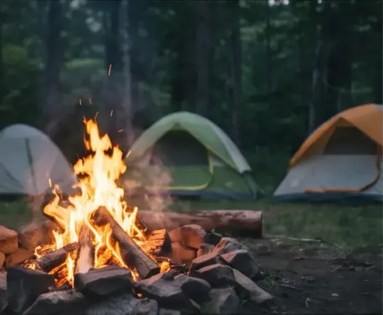 A campfire among tents in the woods
