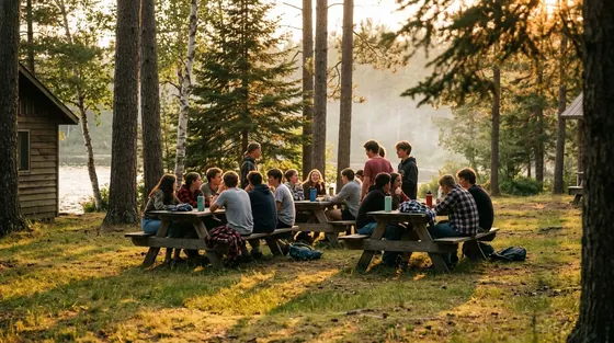 Students laughing around a campfire