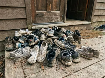 Worn canvas sneakers on a court line