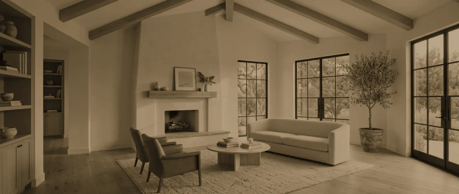 The living room before renovation: dim and dated