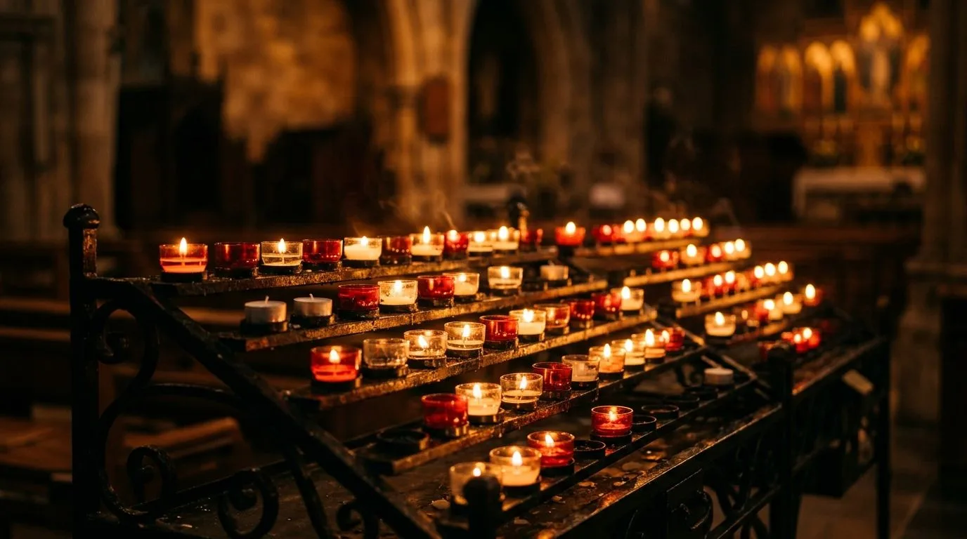 Candles glowing on a stone ledge in warm afternoon light
